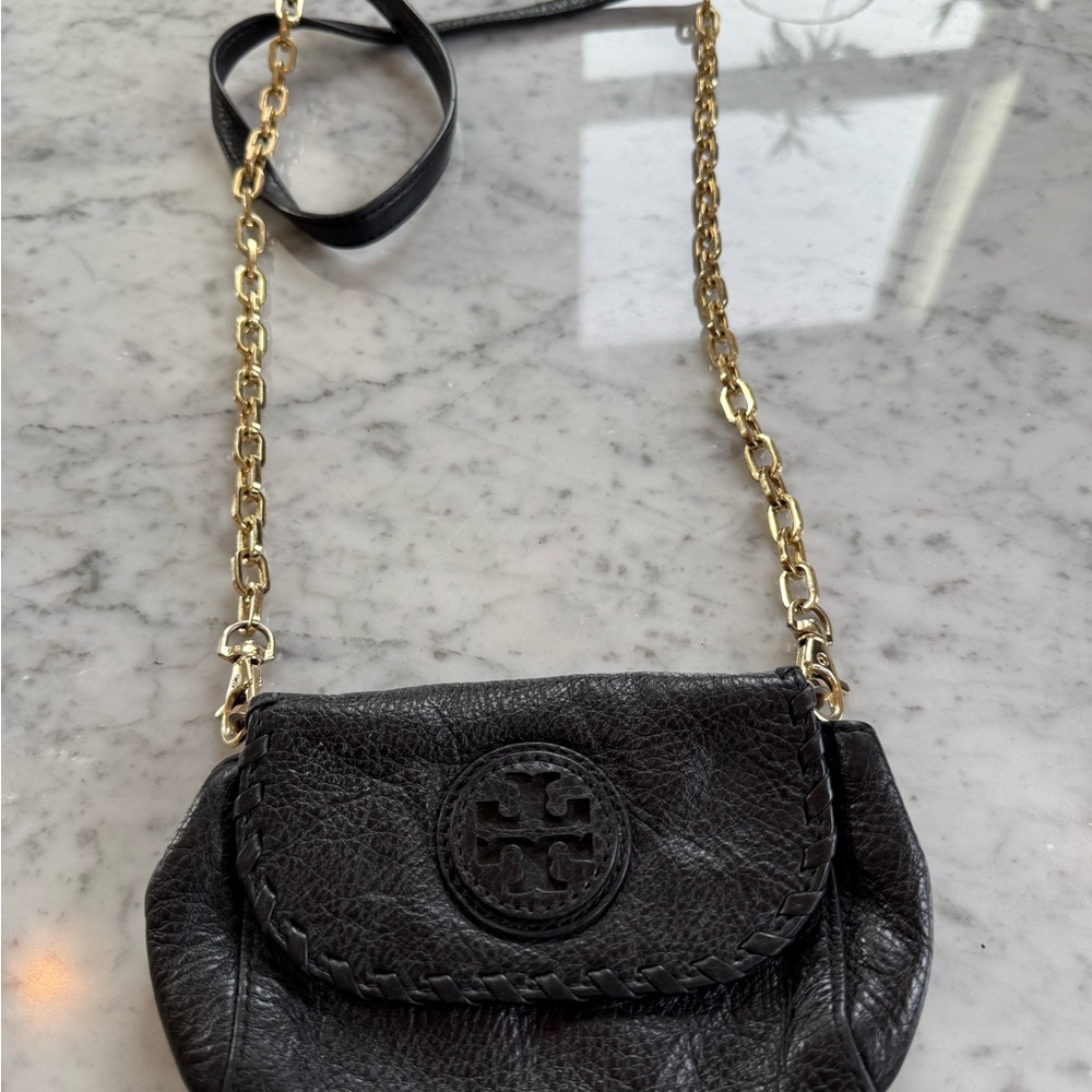 Tory Burch Black Leather Crossbody with Gold Chain